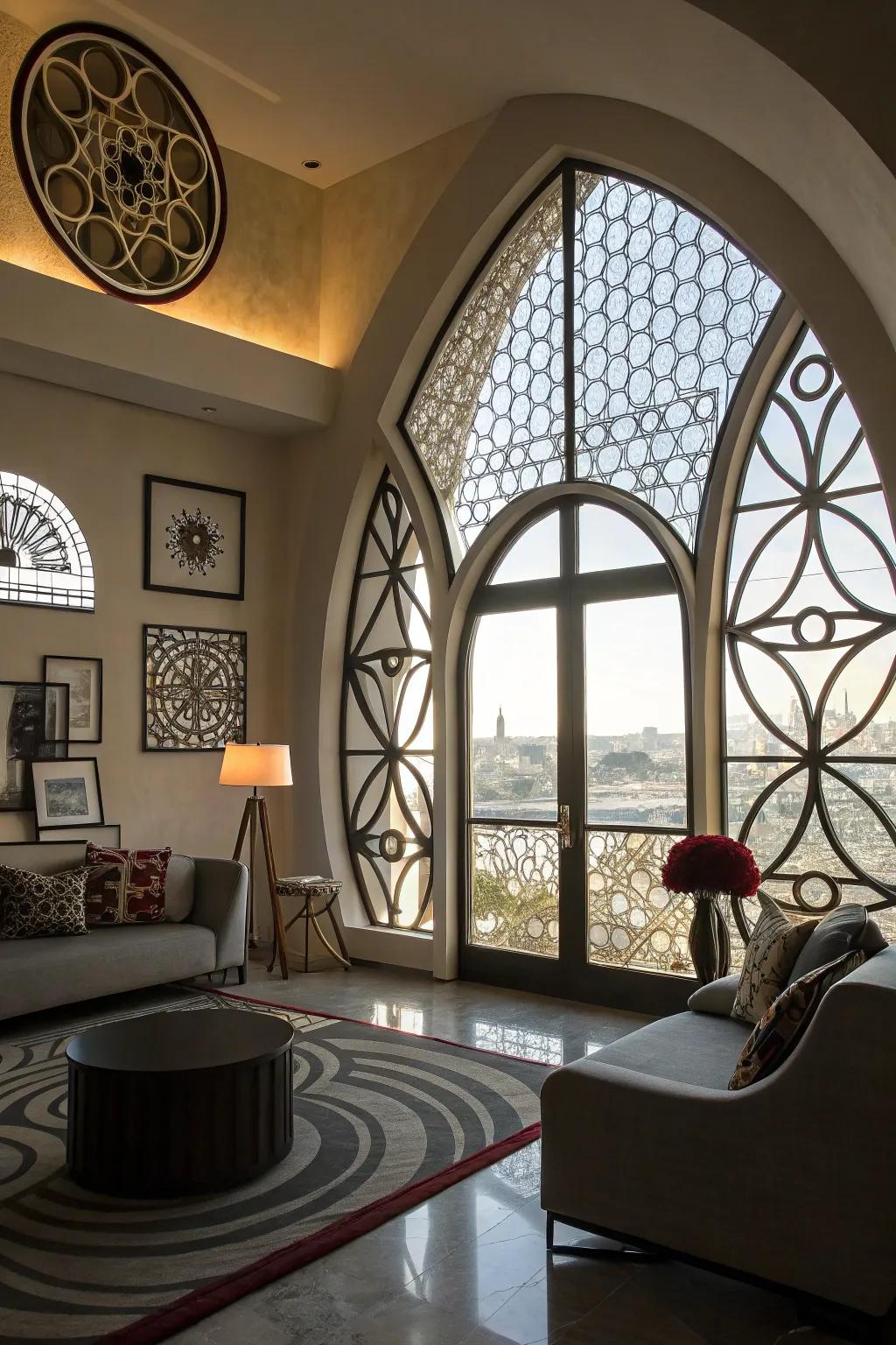 Distinctive window contours contribute a bold statement to the space.