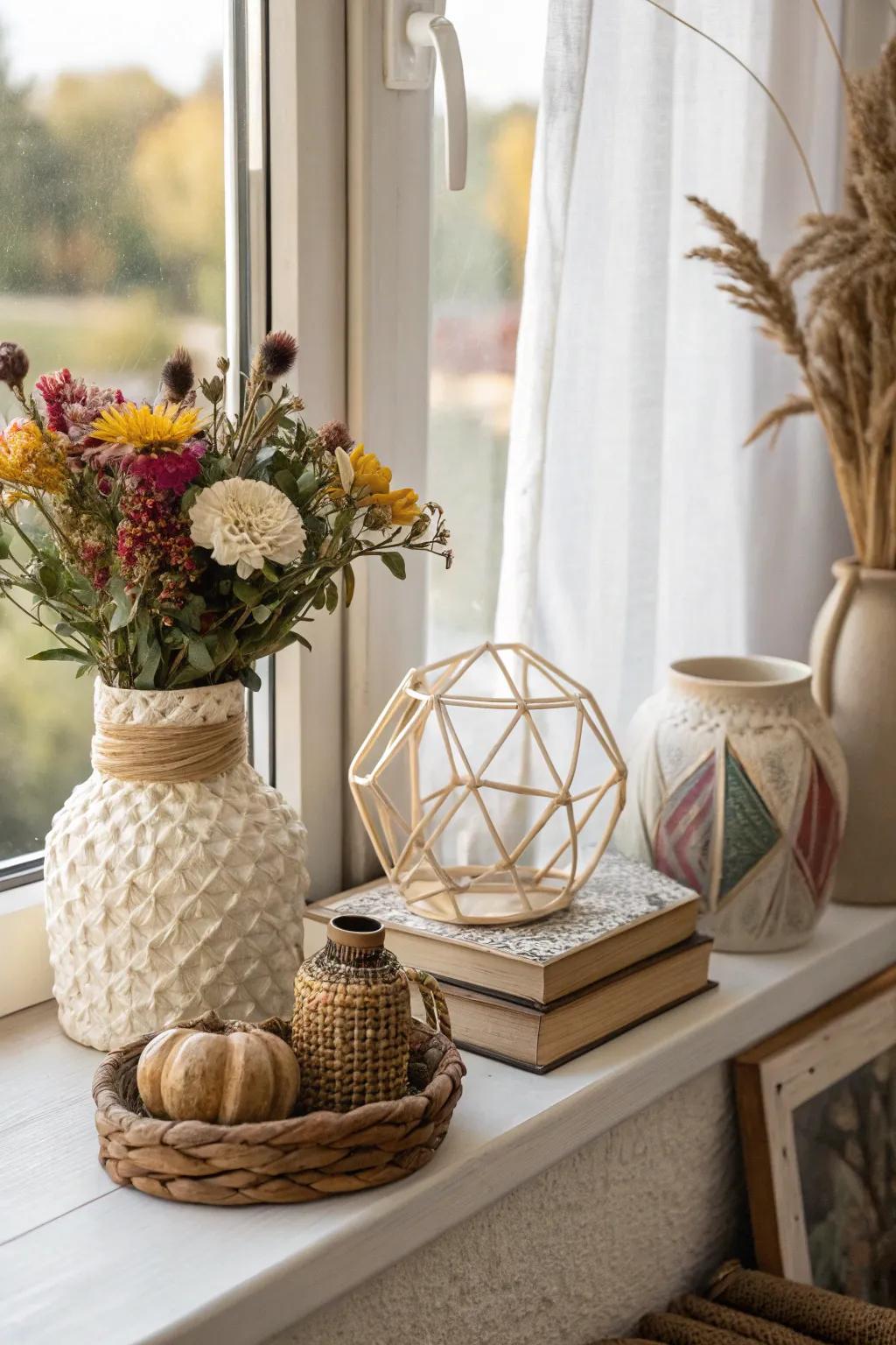 An eclectic mix of decor elements creating a personalized window sill.