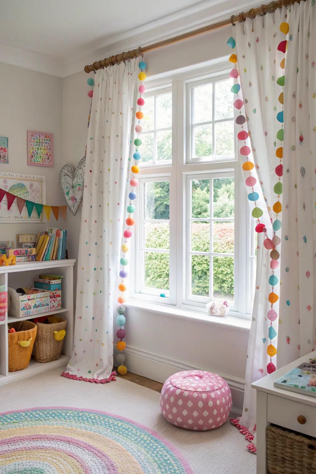 Bring whimsy with playful decorative ball accented window coverings.