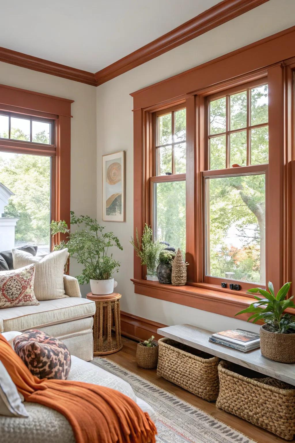 Sunset orange trim adds warmth and energy to a living area.