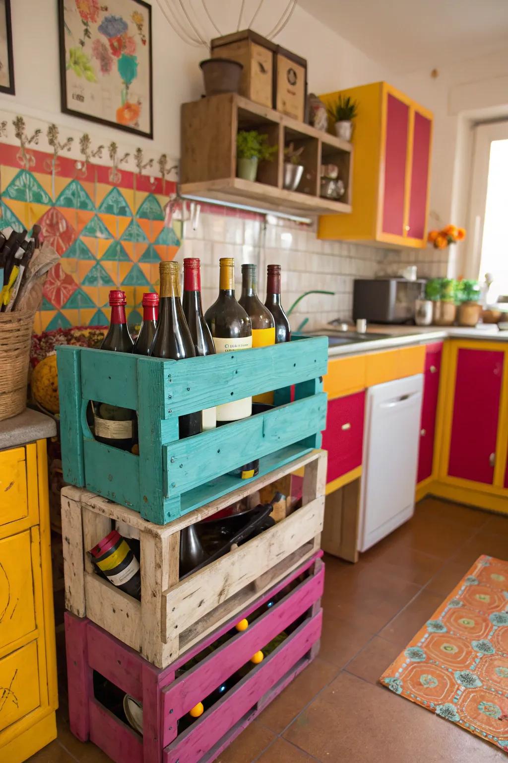 Colorful crates creating a playful wine rack display.