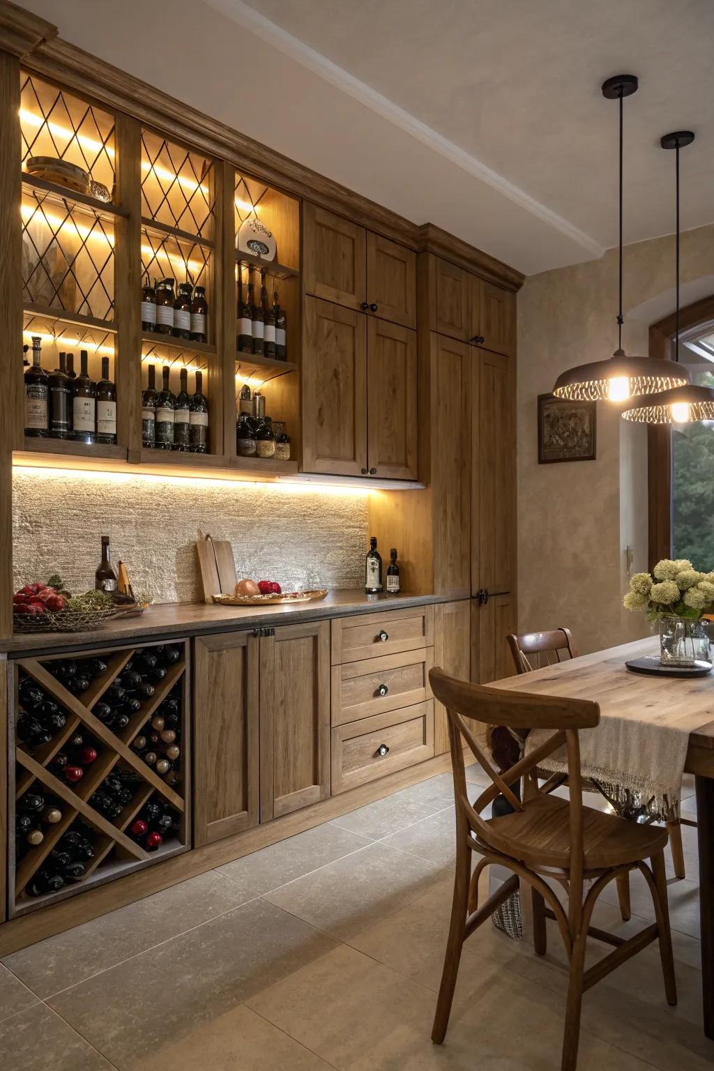 Ambient lighting enriches the allure of wine storage.