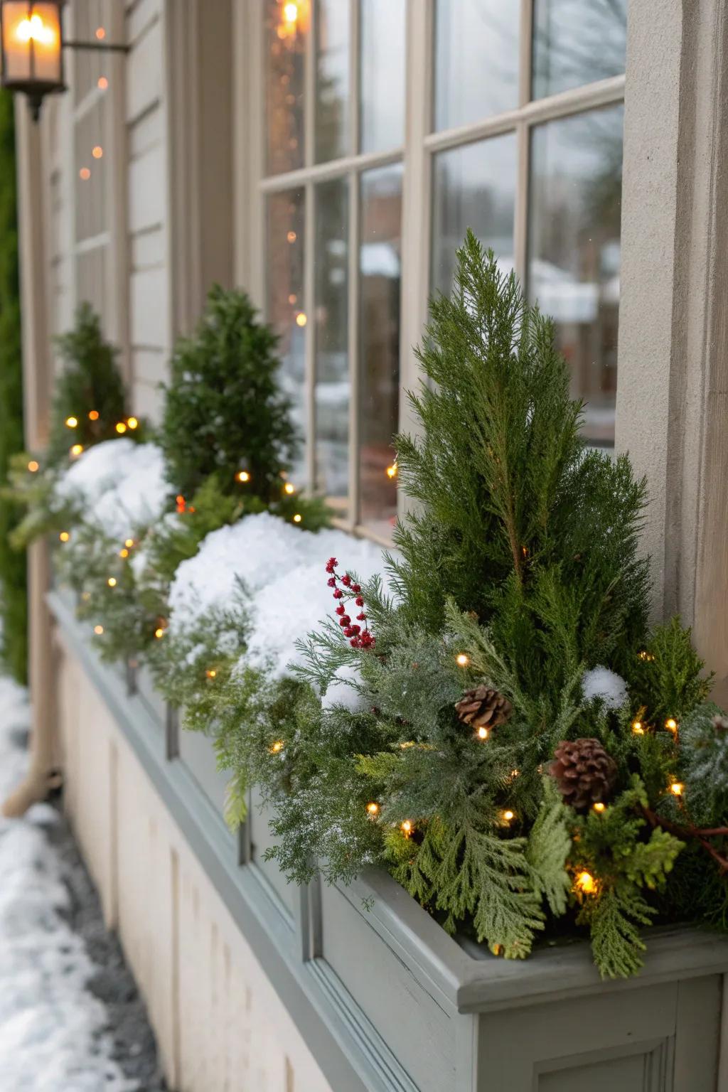 Faux snow gives this window box a magical, snow-covered appearance.
