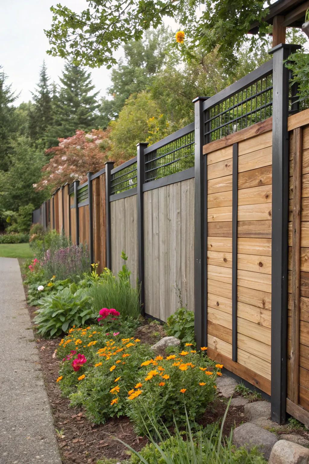 An intriguing fence designed with dynamic elevations of timber and steel panels.