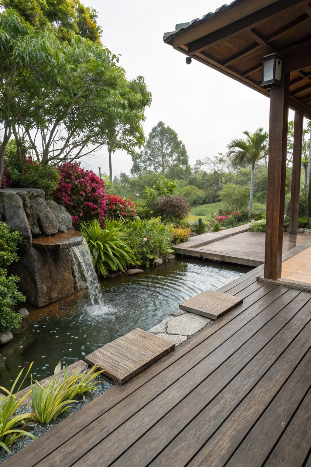 A water element introduces a serene and calming presence to your deck.