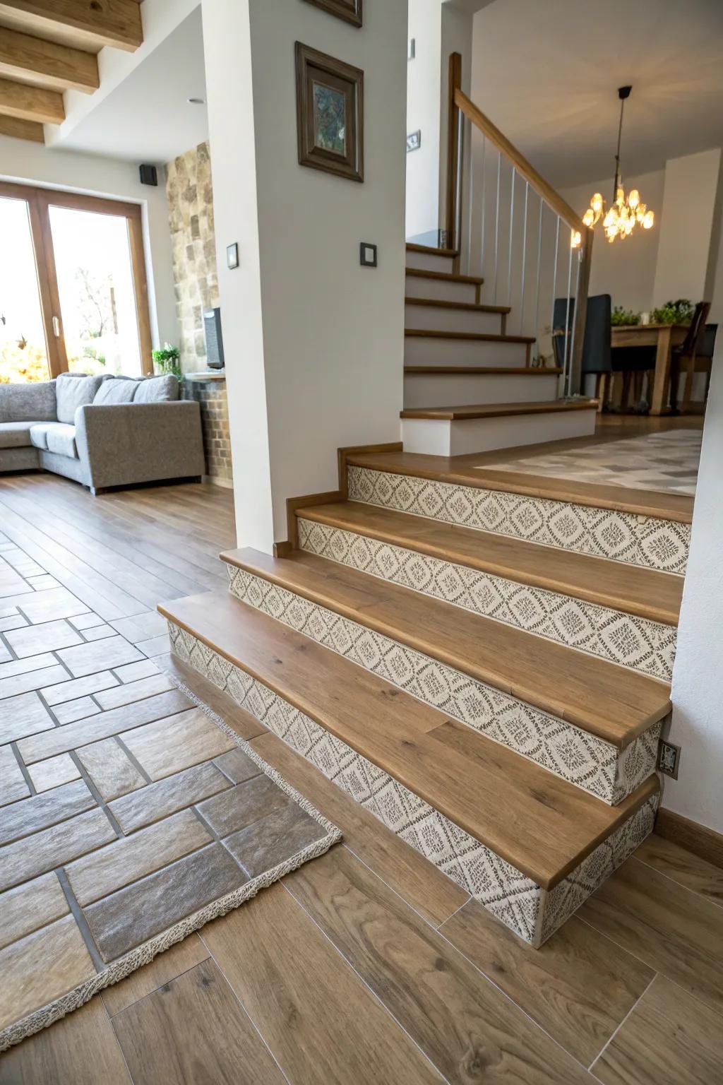 A split-level interior showcases a step transition between different floor types.