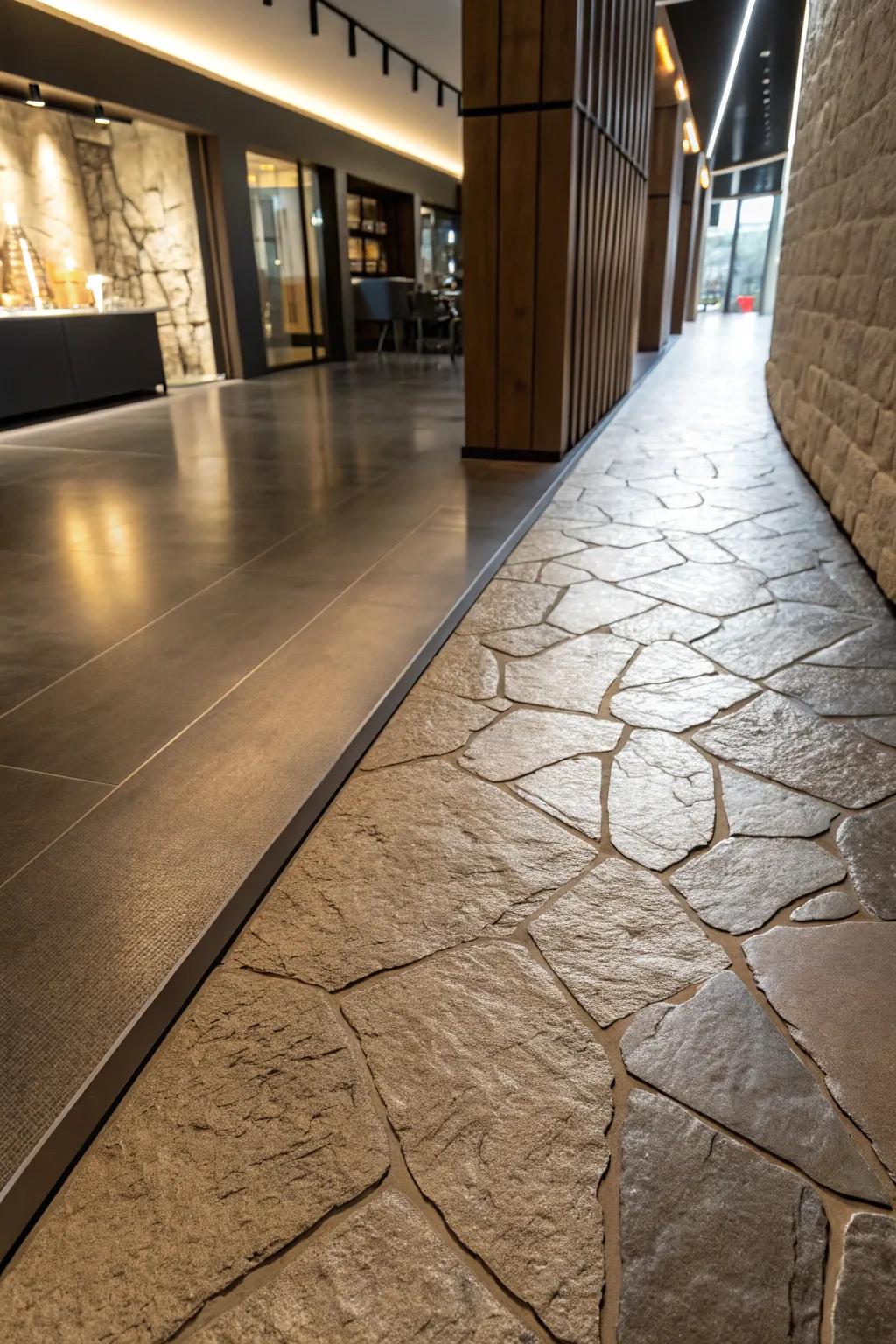 Texture contrasts in floor bridges inject depth and visual intrigue.
