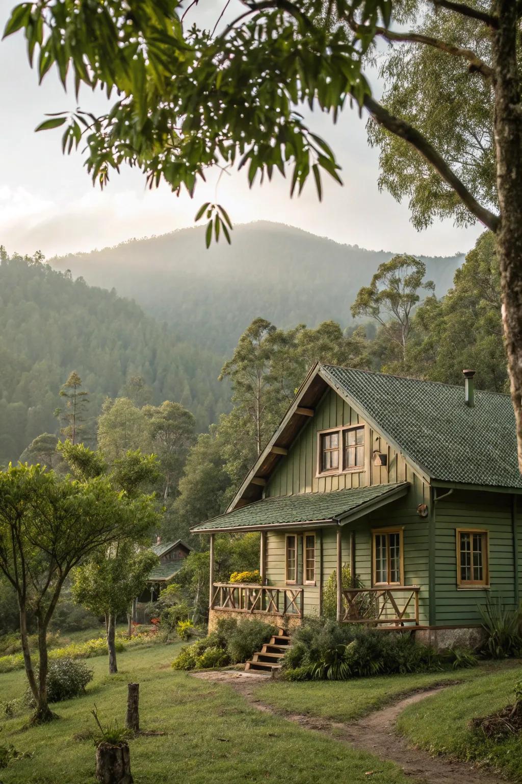 A wood-clad house that seamlessly blends with nature using tranquil green shades.
