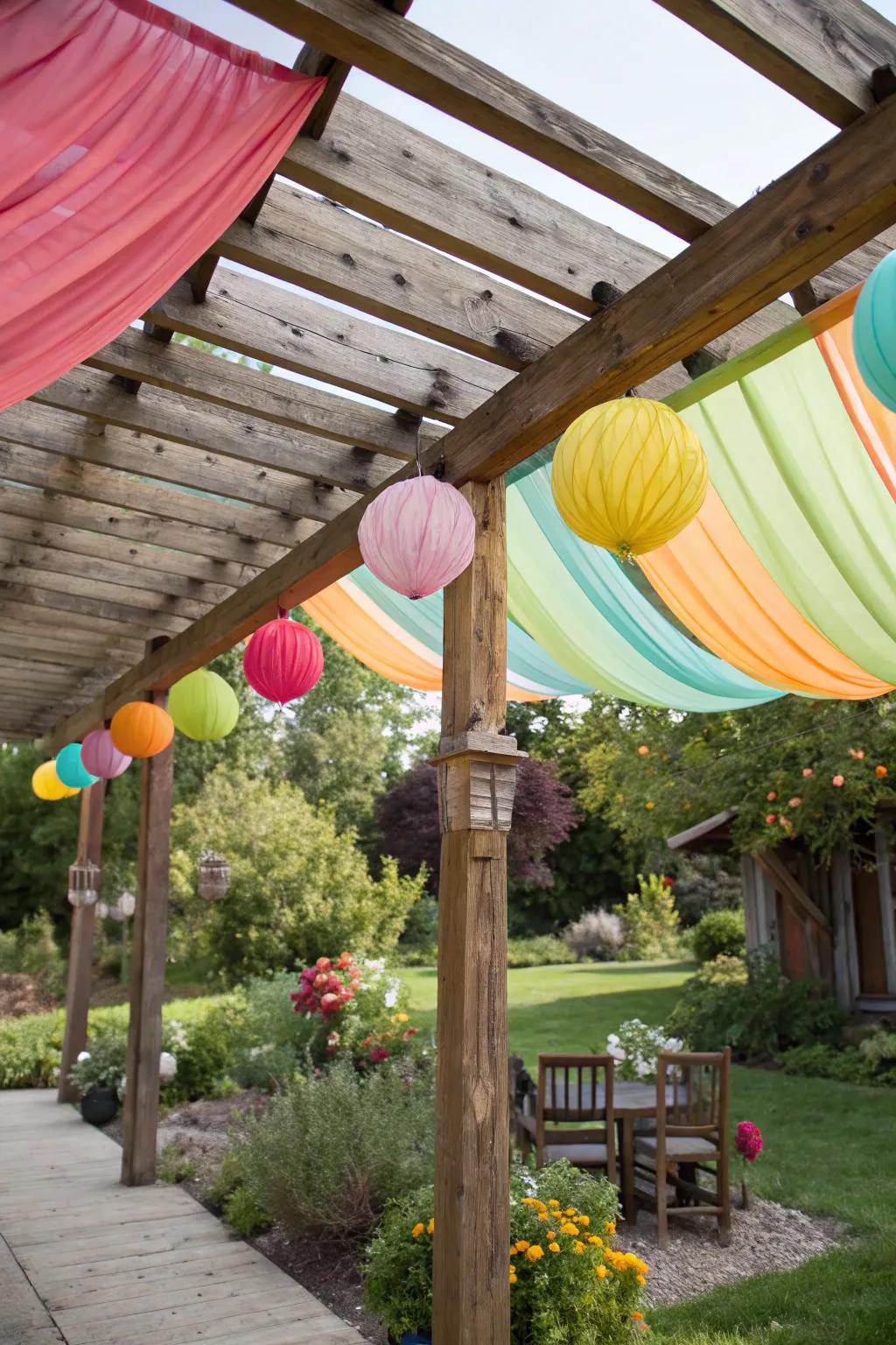 A playful fabric canopy creating a whimsical patio cover.