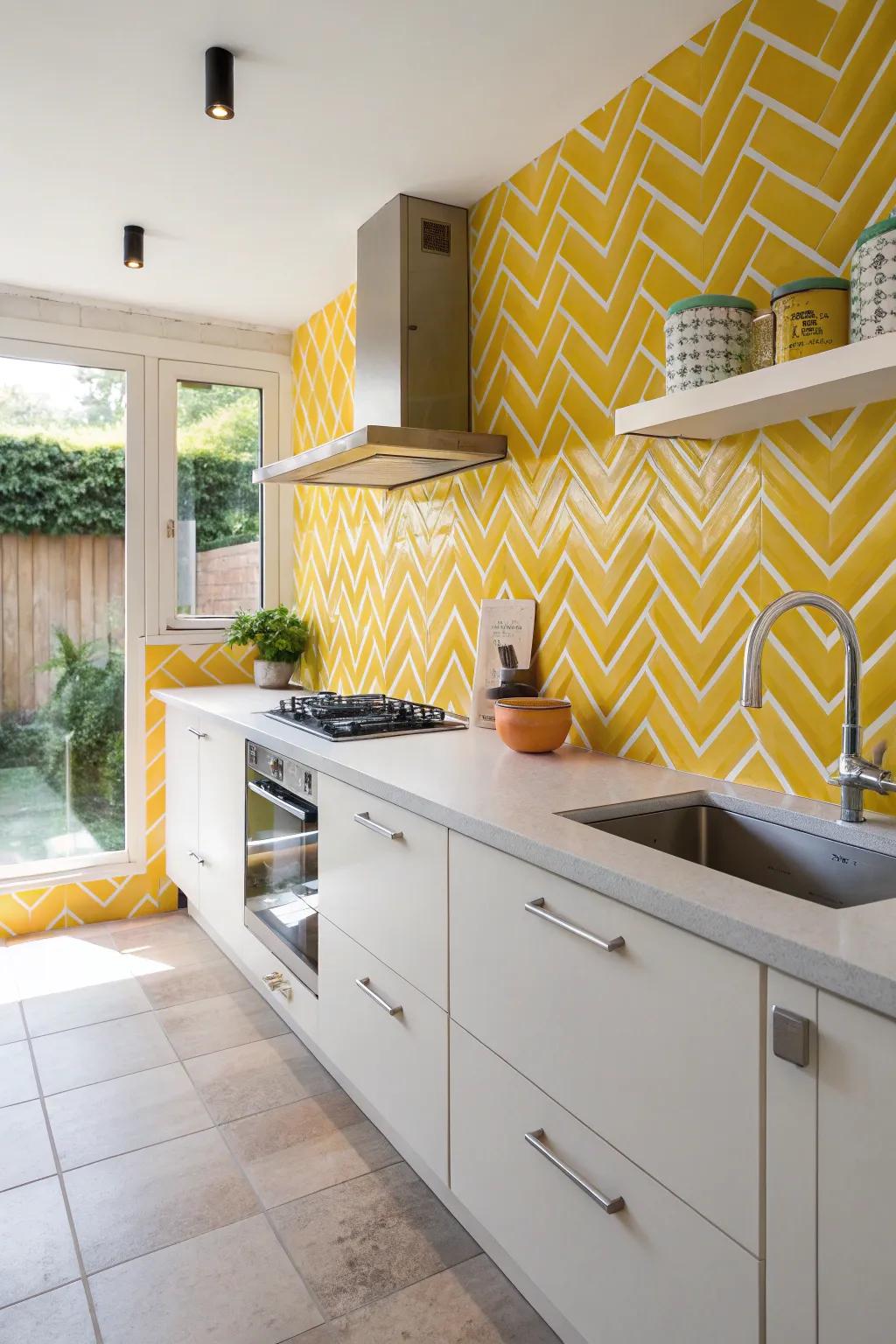 Zigzag patterns in goldenrod tiles create dynamic energy.