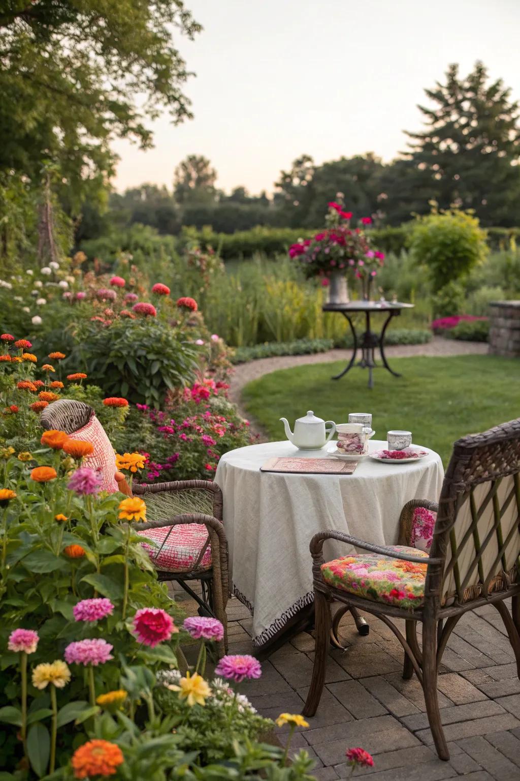A serene tea garden, enveloped by vibrant Glowblooms.