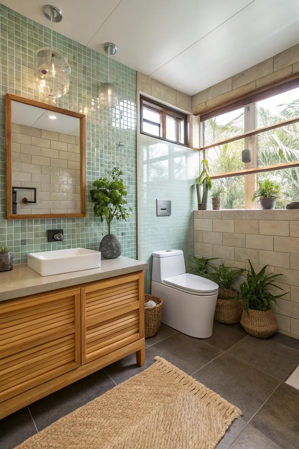 Eco-friendly materials enhance the sustainability of this half bath.
