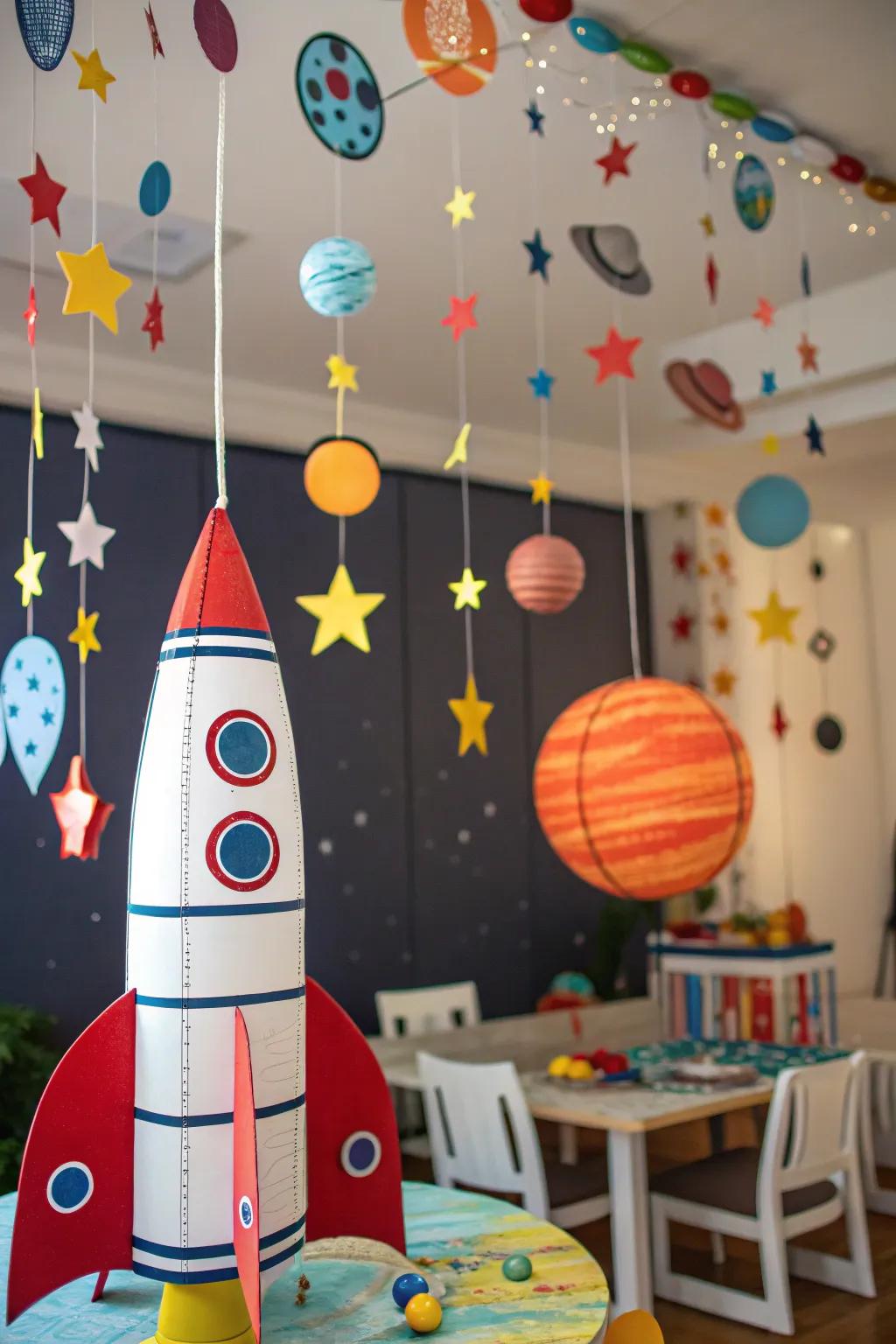 A space explorer themed party including celestial decorations.
