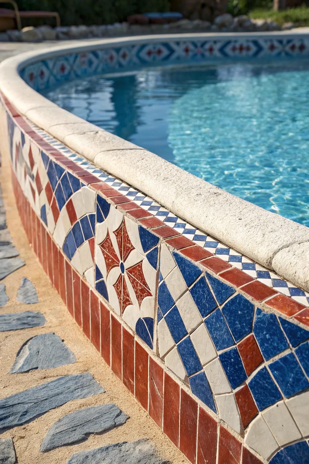 Transform your poolside with artistic mosaic tiles for a Mediterranean touch.