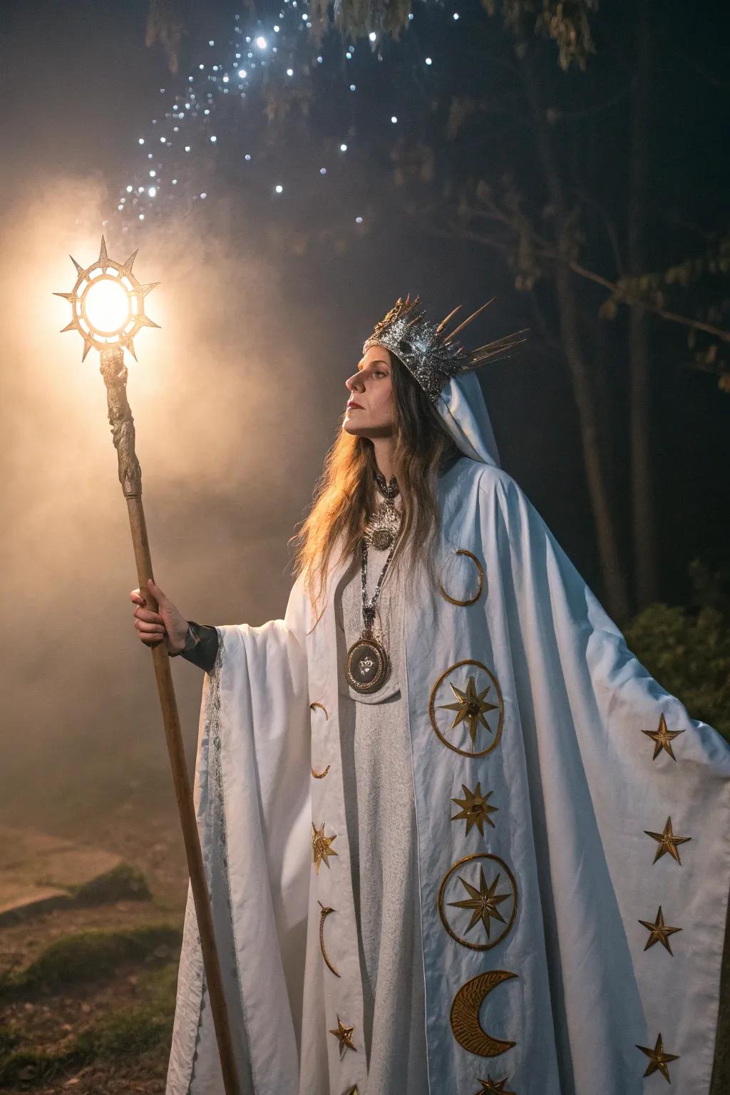 An officiant channeling strength from celestial bodies.