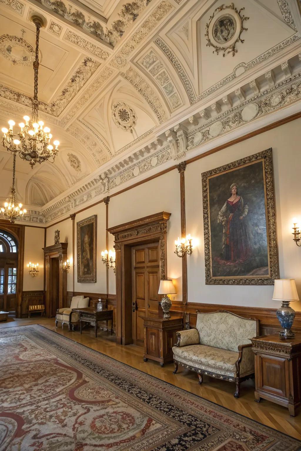 Complicated shaping injecting luxury and detail to a colonial-style room.