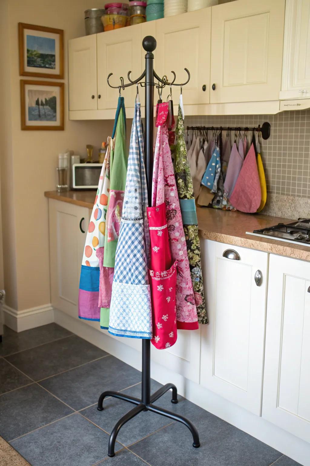 A movable apron stand offers versatility and vertical storage.