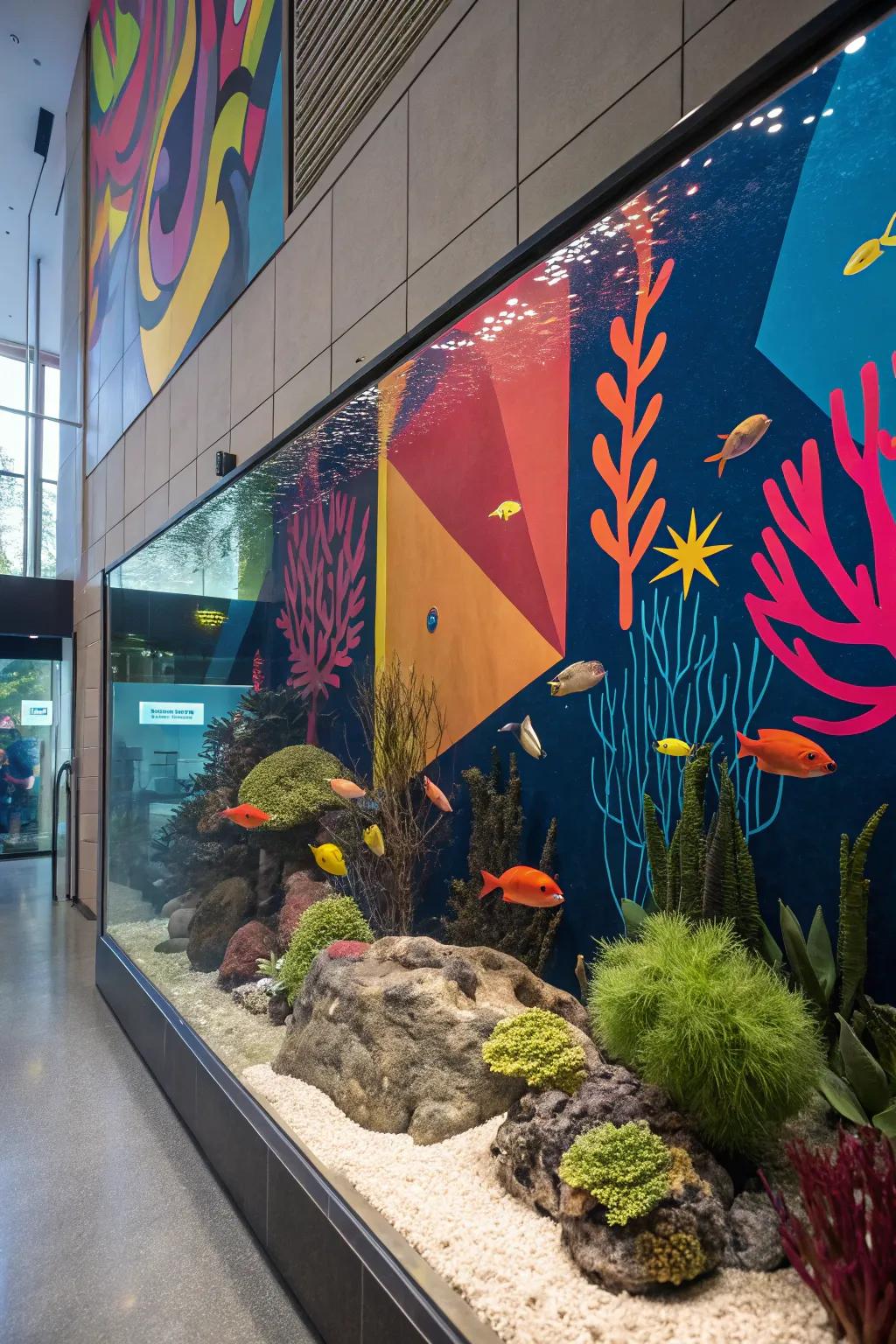 Conceptual artwork transforms the aquarium into a modern masterpiece.