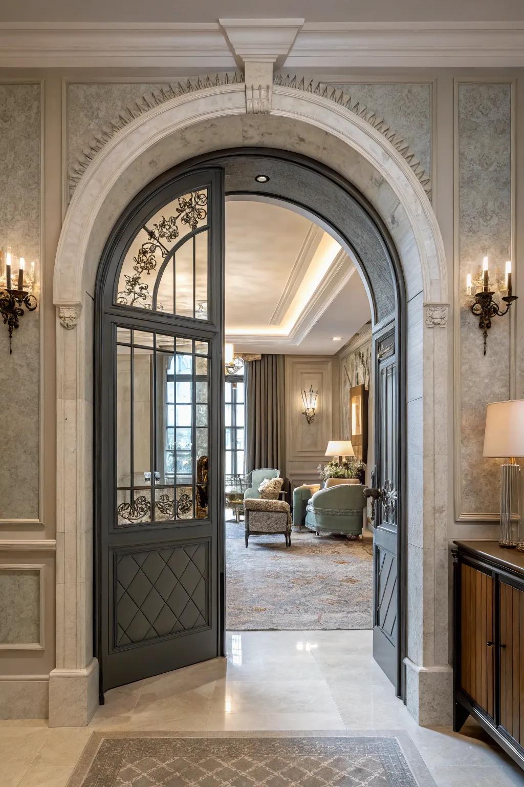 An archway door that artfully combines modern and heritage styles for a standout look.