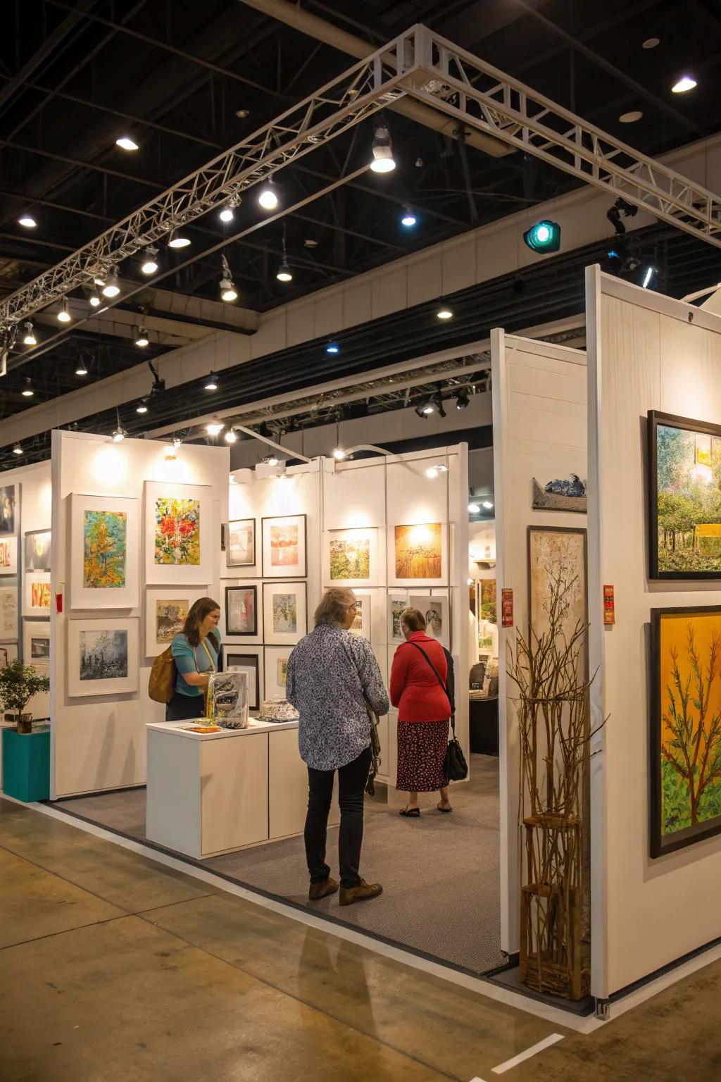 Display stands add dimension and accessibility to the art booth.