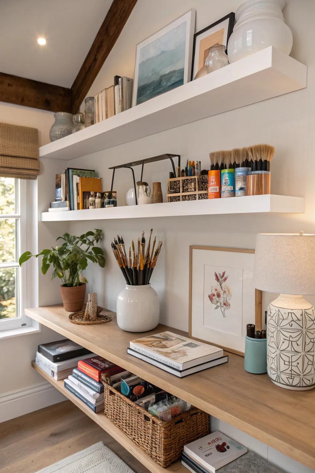 Floating shelves offer stylish storage solutions for your art supplies.