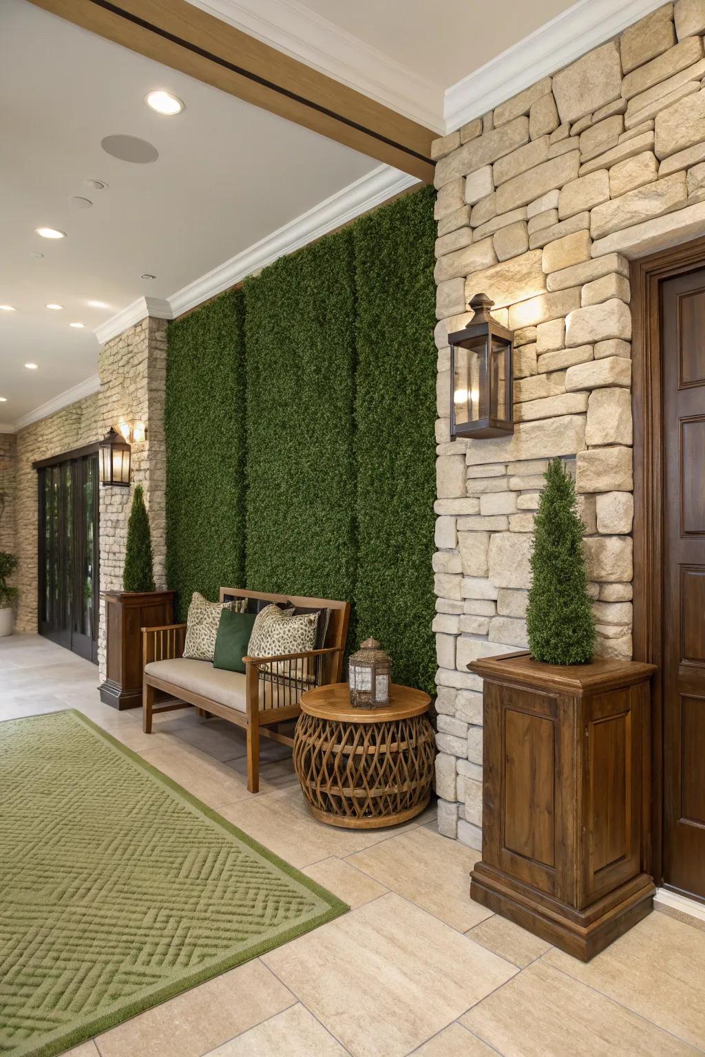 A space enriched by the combination of an artificial grass wall with wood and stone elements.