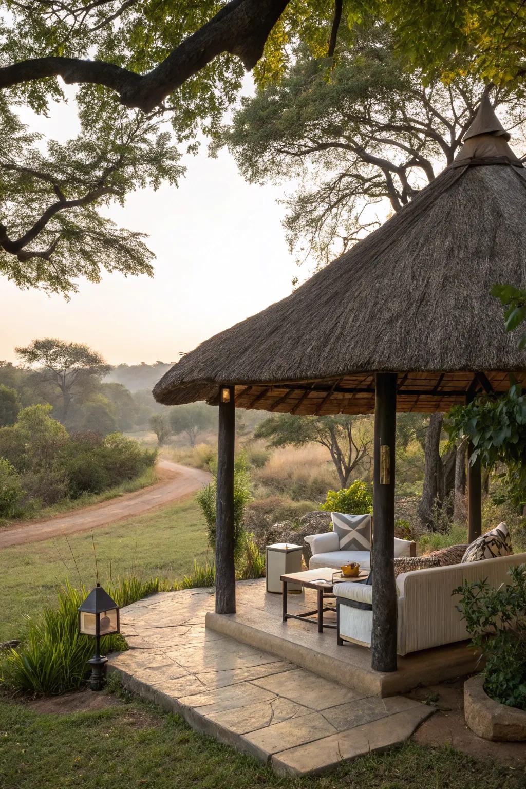 A thatch roof infuses countryside charm into a snug patio.