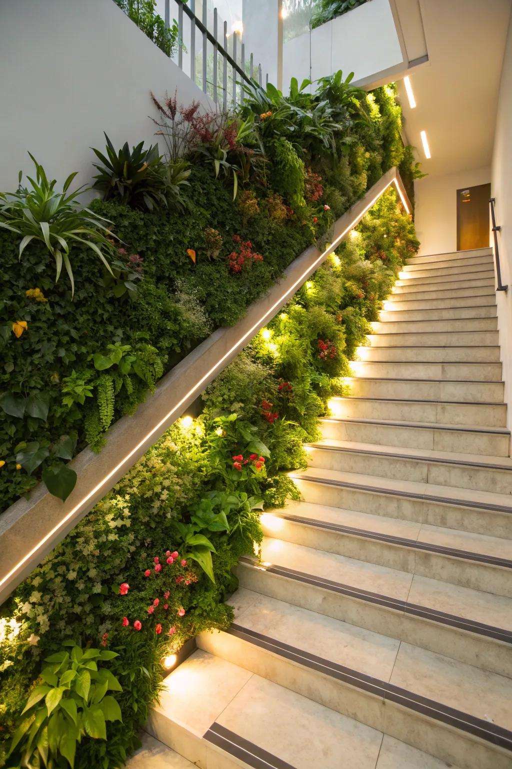 A staircase that is transformed into a vertical garden with dedicated lighting.