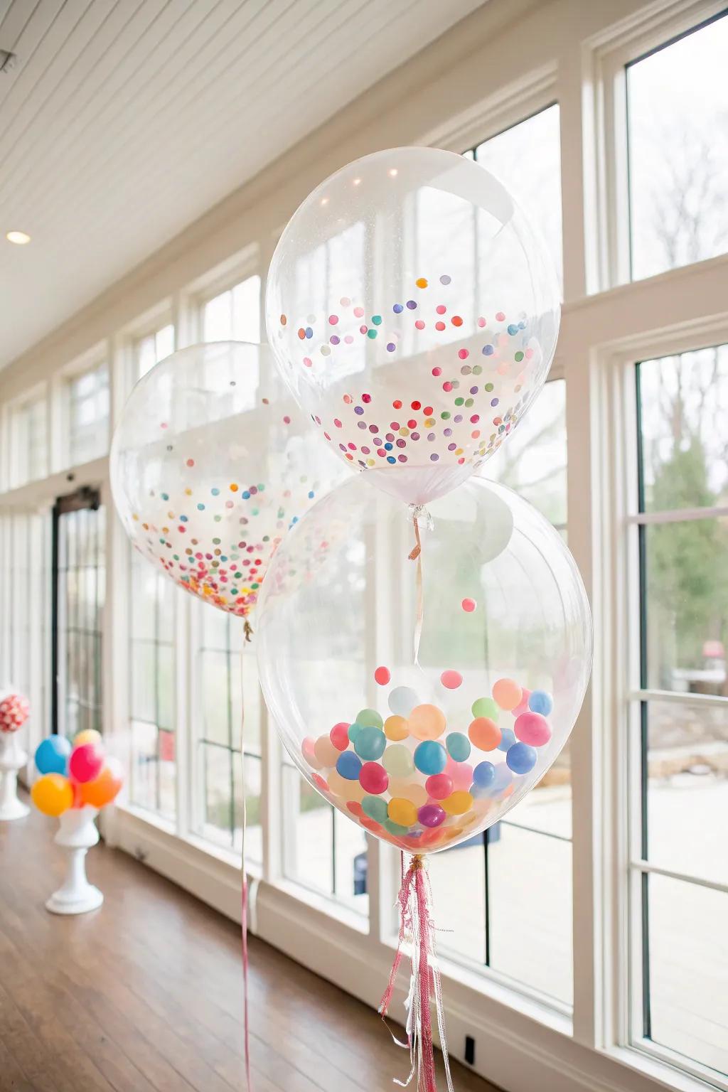 Prismatic balloons offer a playful and eye-catching display.