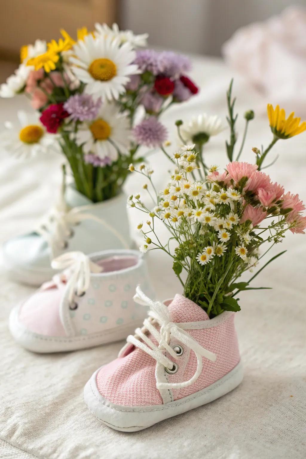 Infant shoes repurposed as vases contribute a distinctive touch.