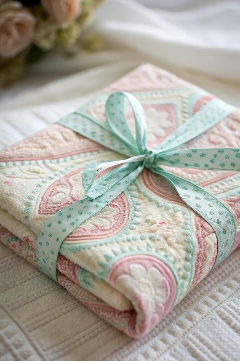A nostalgic gift wrapped in a vintage baby blanket, perfect for a meaningful gesture.