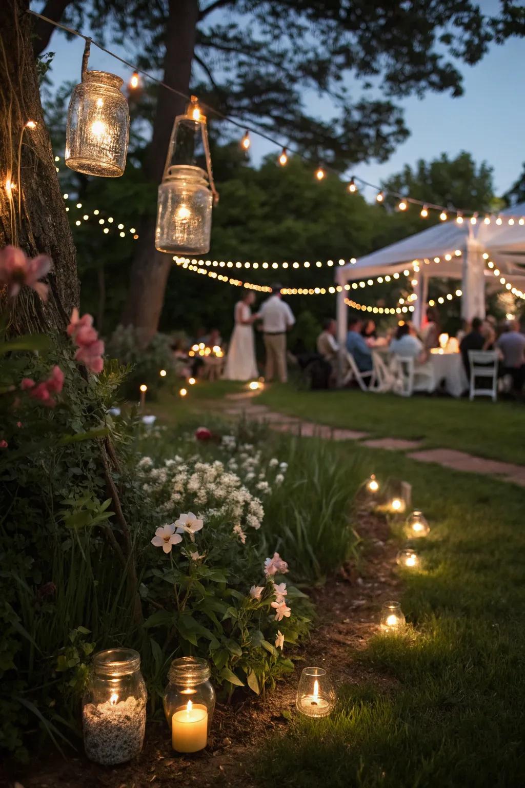 Jar lights cast a rustic glow over the garden party.