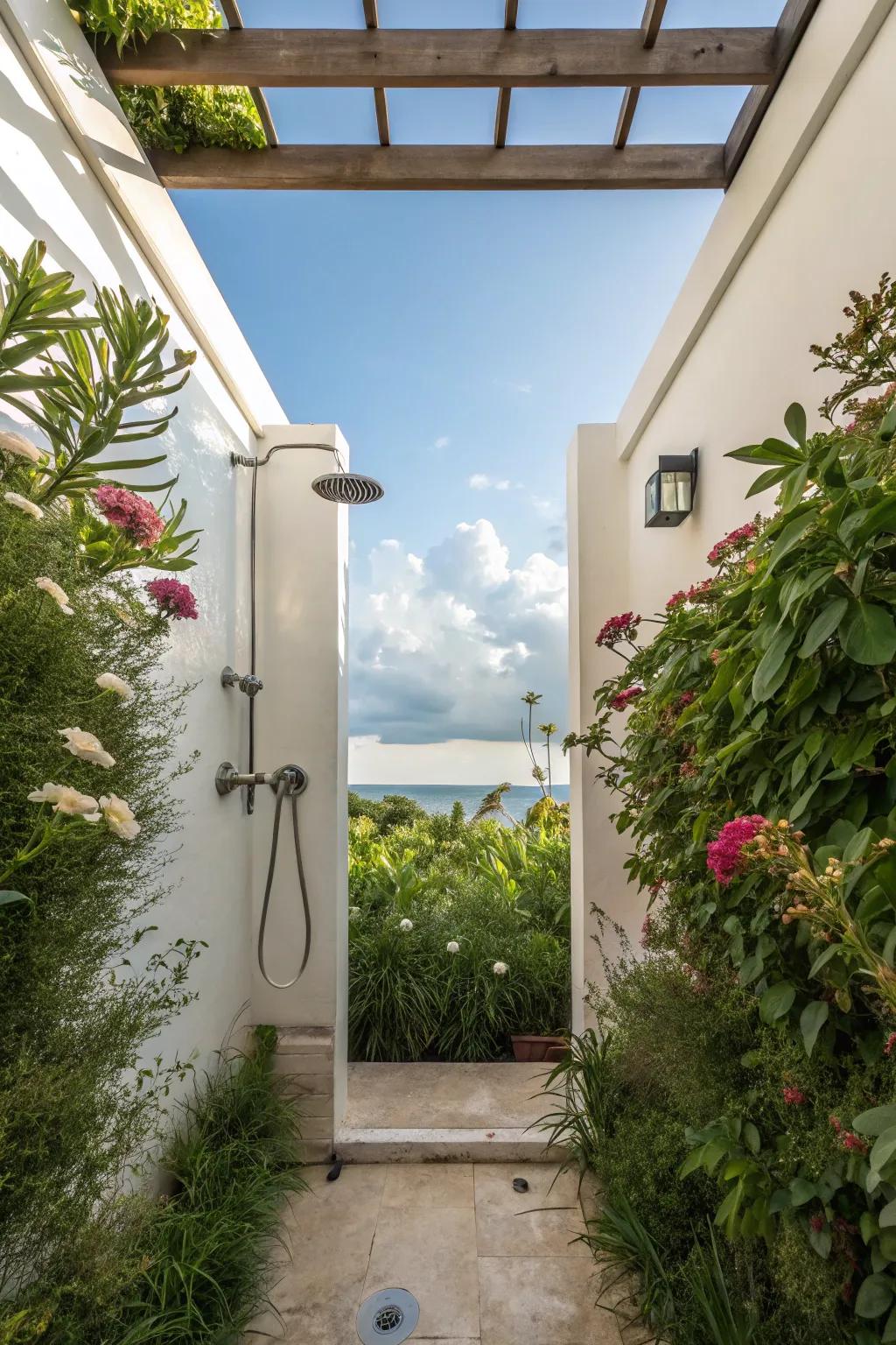 An skylit shower that offers peaceful views of the sky.