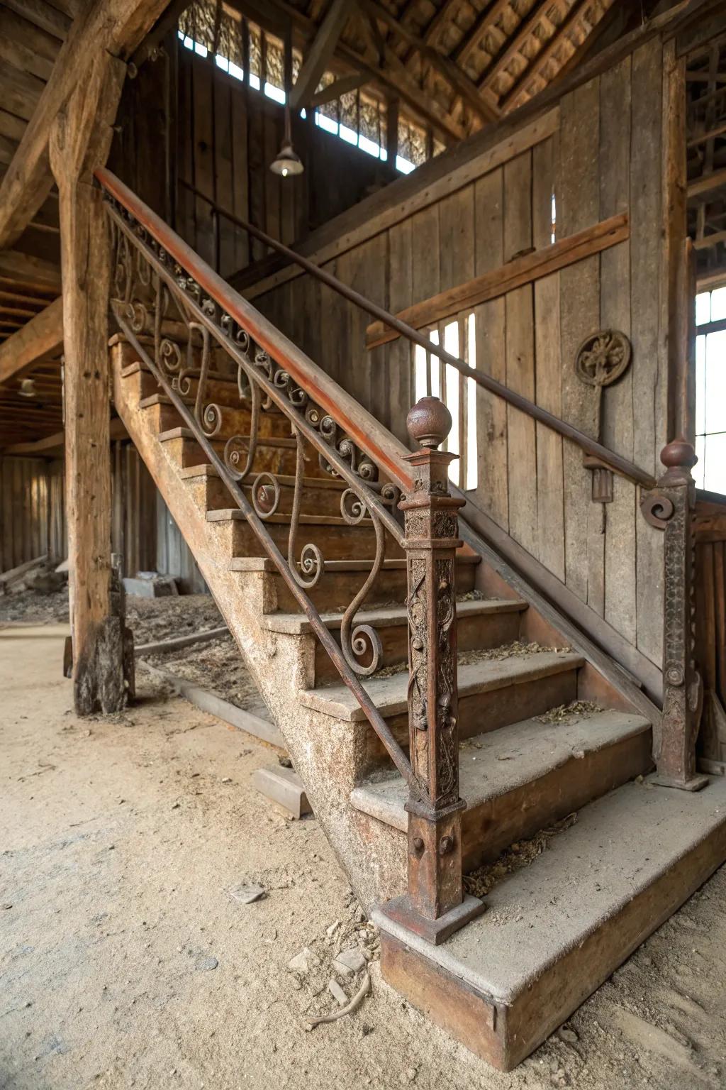 Antique hardware infuses historical charm into barn stairs.