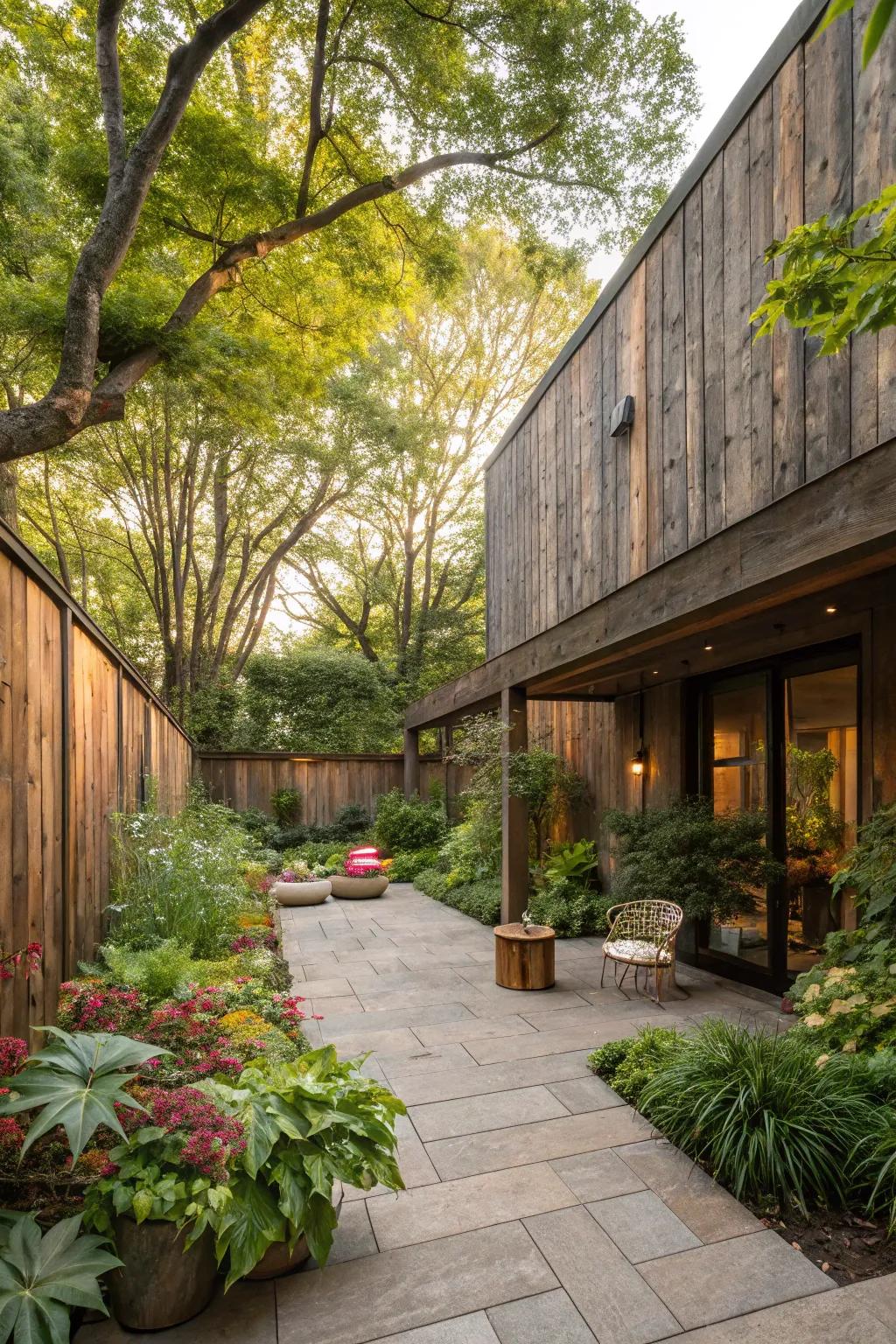 Barnwood walls adding rustic charm to an outdoor patio.