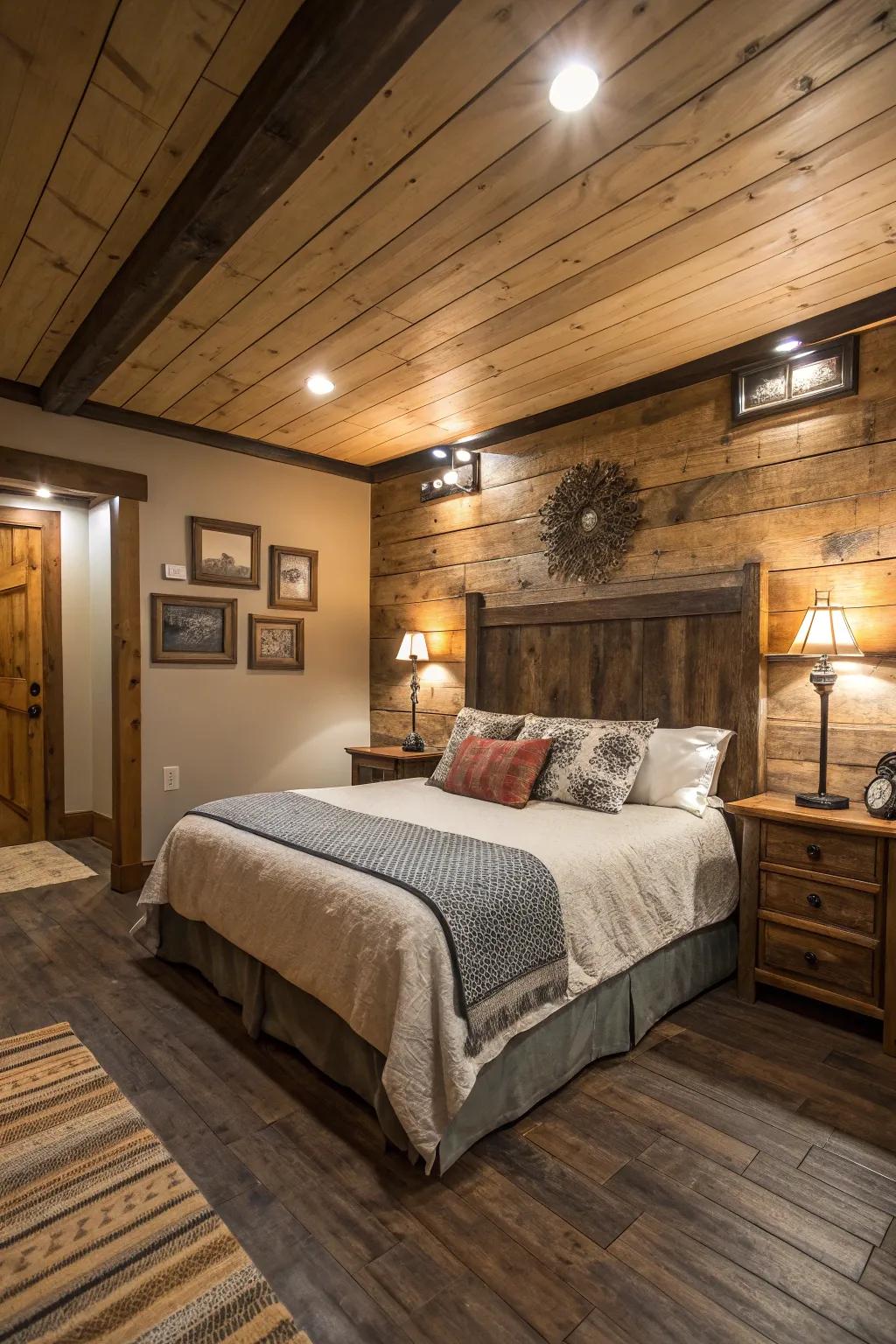 Wood accents add warmth and texture to this inviting basement bedroom.