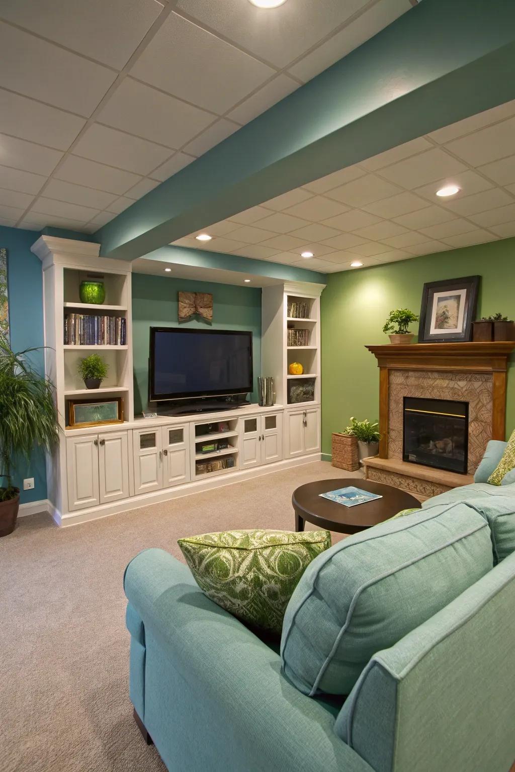A basement TV chamber showcasing a soothing blue and green hue scheme for a relaxing atmosphere.