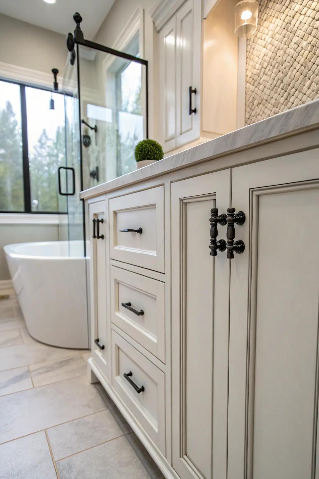 Unique hardware can instantly refresh your bathroom cabinets.