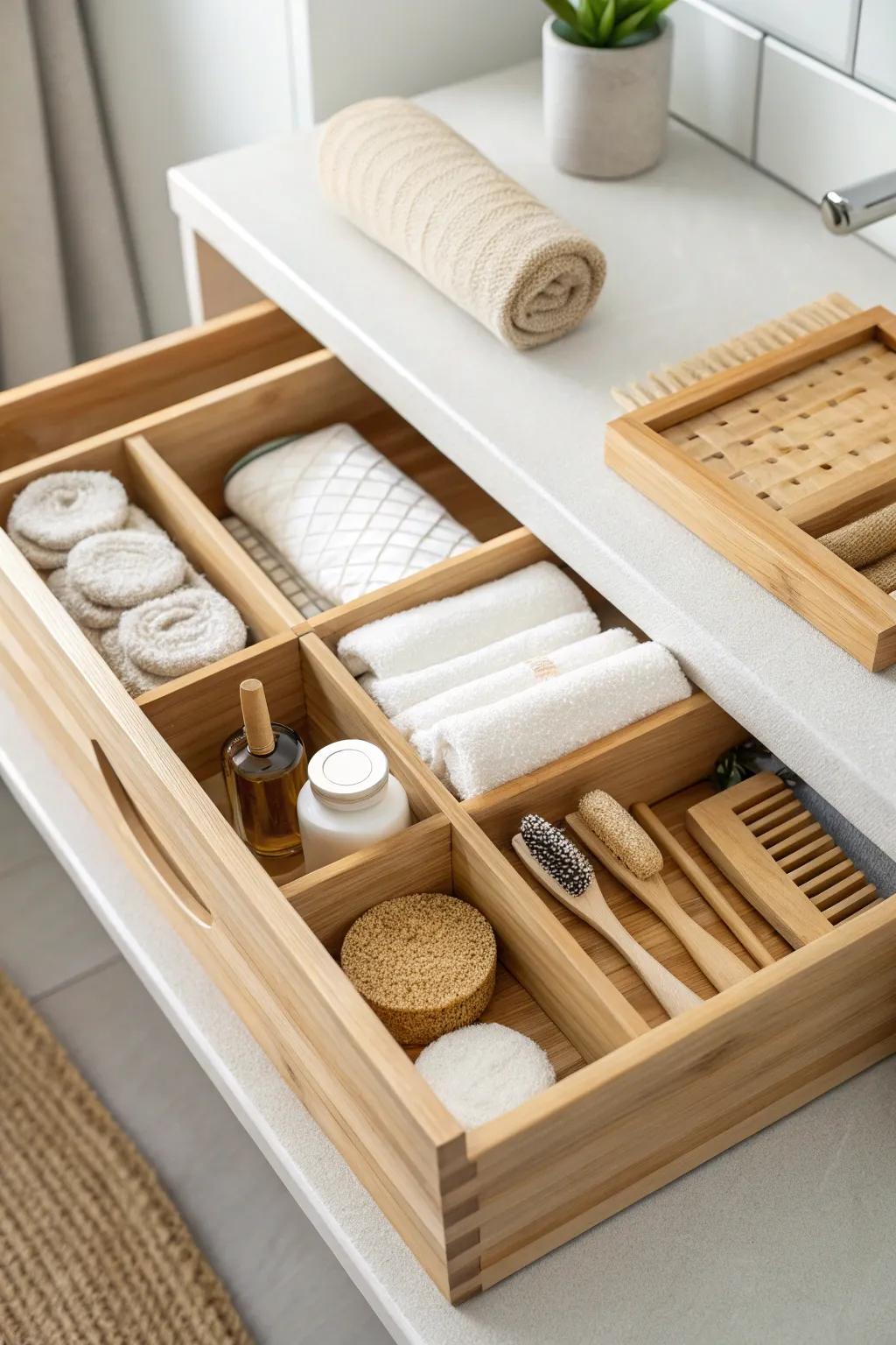 Eco-friendly materials add warmth and sustainability to your drawer organization.