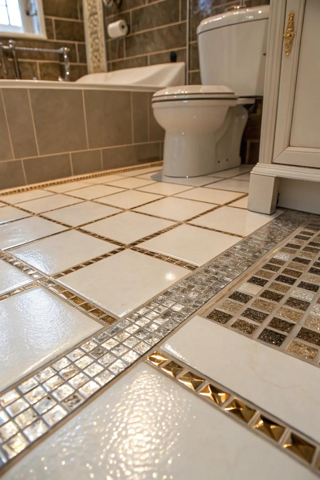 Gilded accents extend splendor and refinement upon restroom floors.