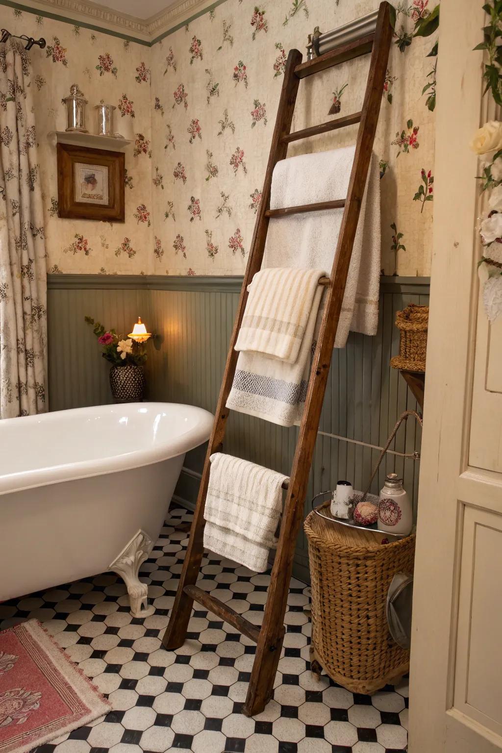Vintage ladders bring charm and functionality to towel displays.