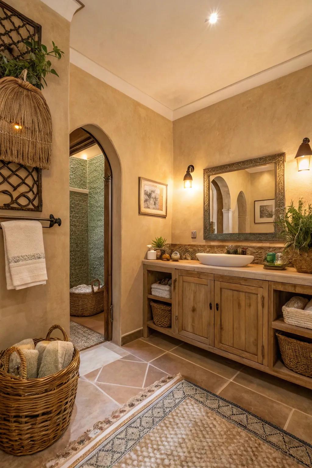 Warm beige walls give a comforting and solid bathroom atmosphere.