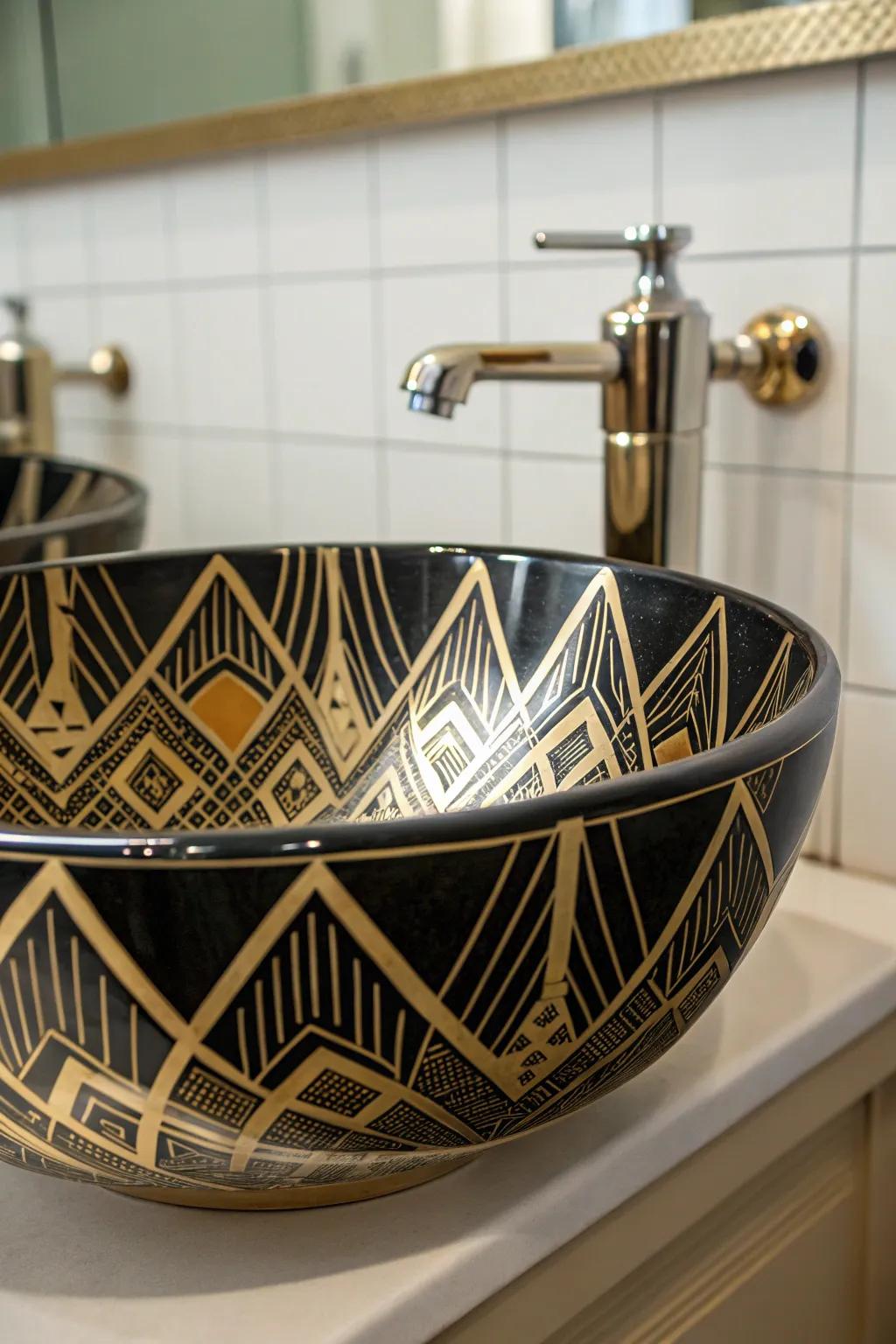 A Deco sink design exudes timeless glamour.