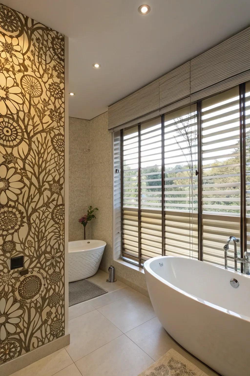 Creative solutions like wall blinds add unique charm to bathrooms.