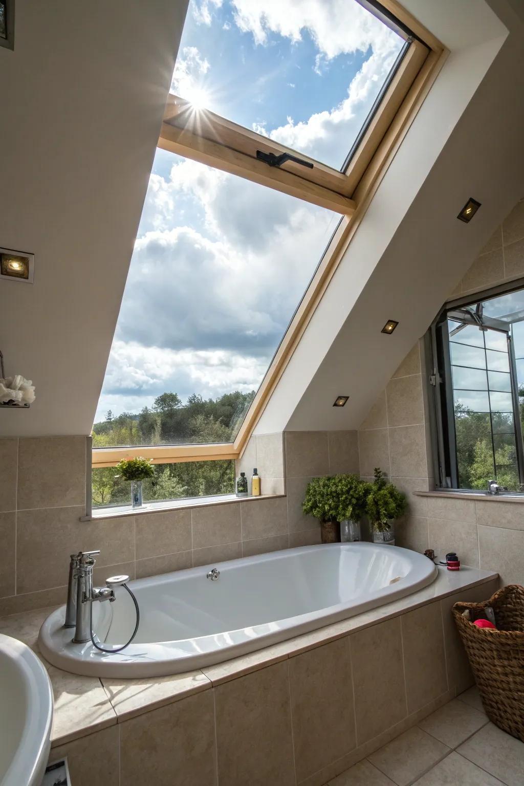 A sun tunnel introduces sunlight and extravagance to this bathroom.
