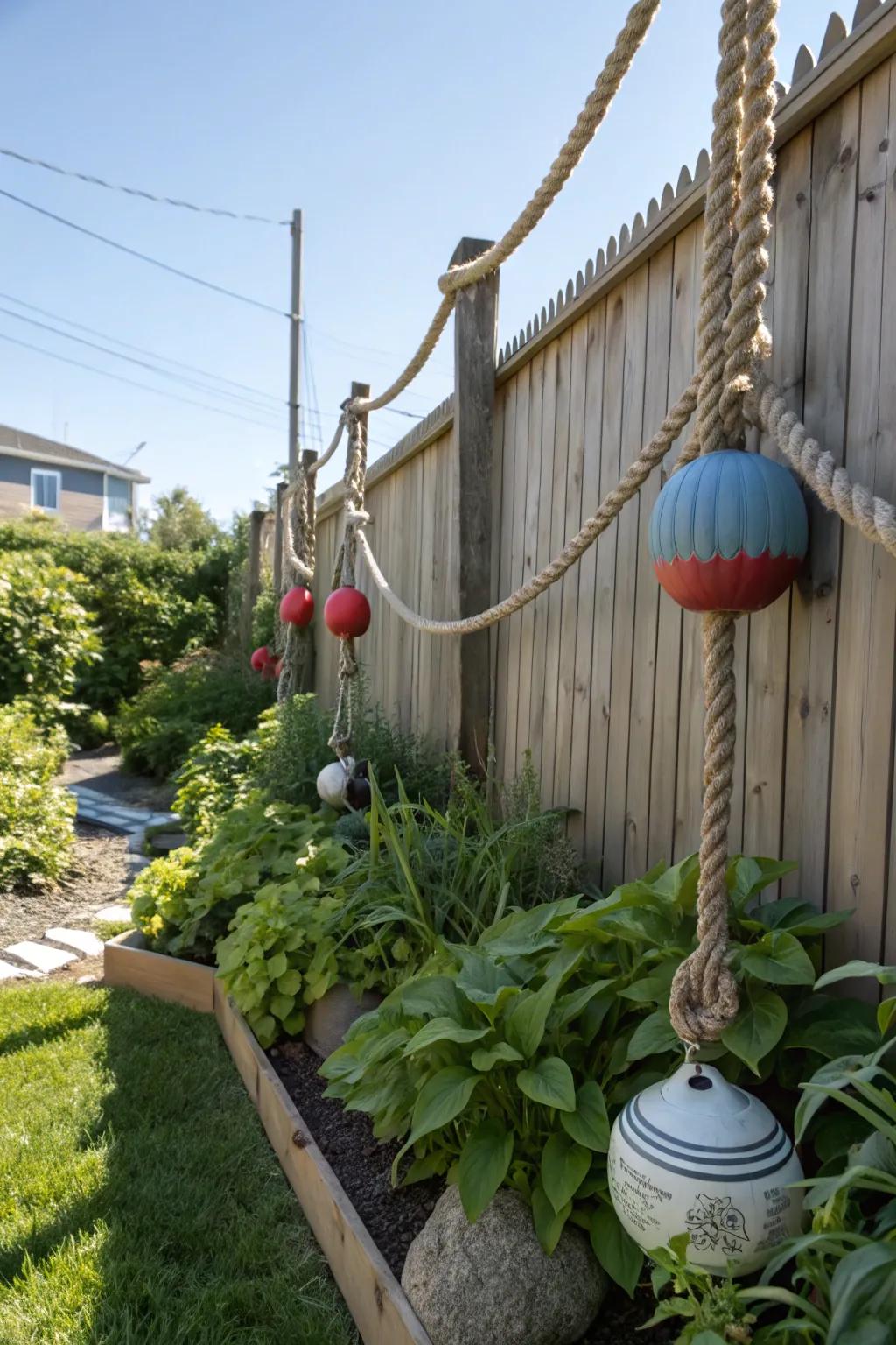 Ropes and buoys add a nautical element to outdoor decor.