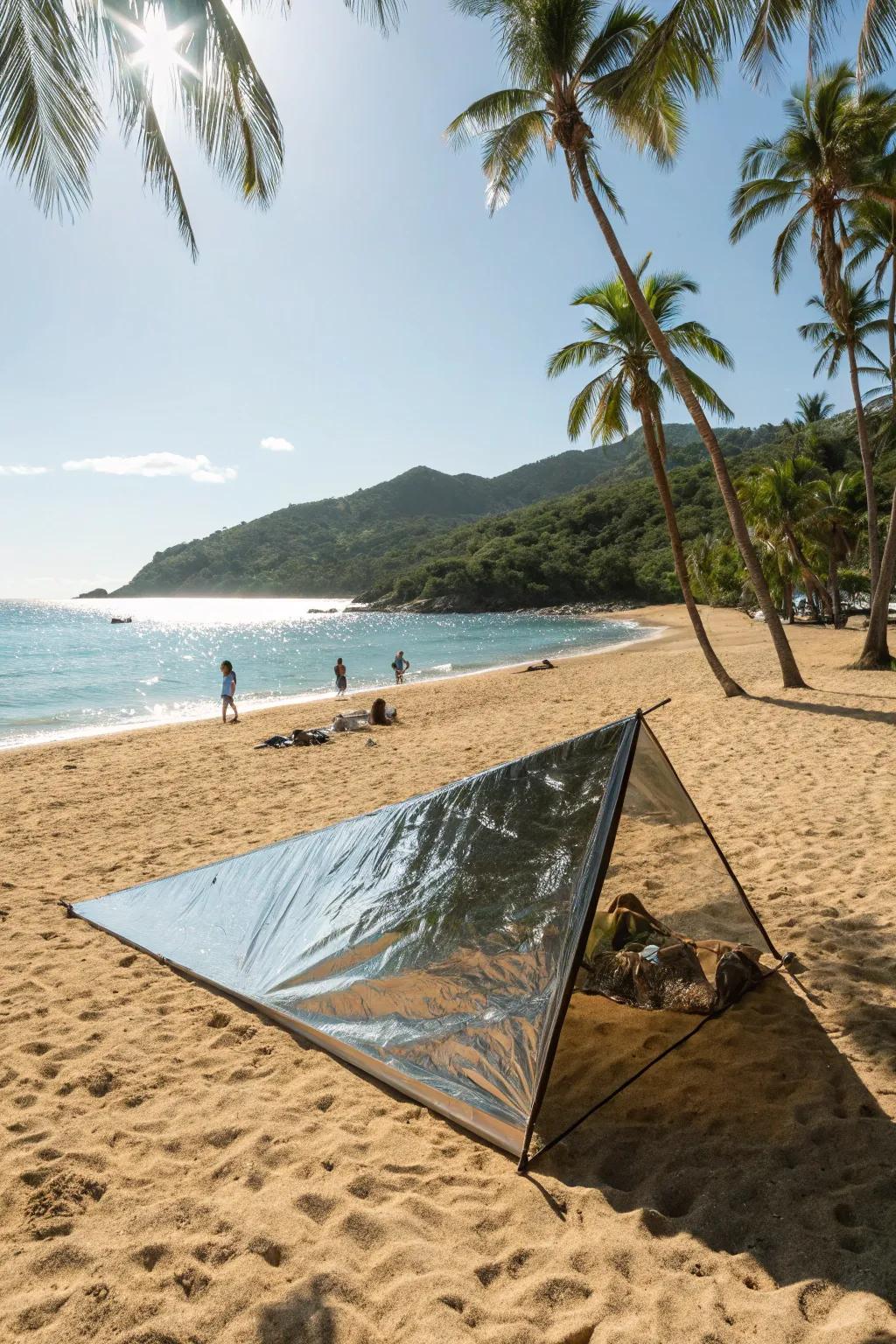 Heat shield tarps cut heat and are easy to set up for relaxed beach days.