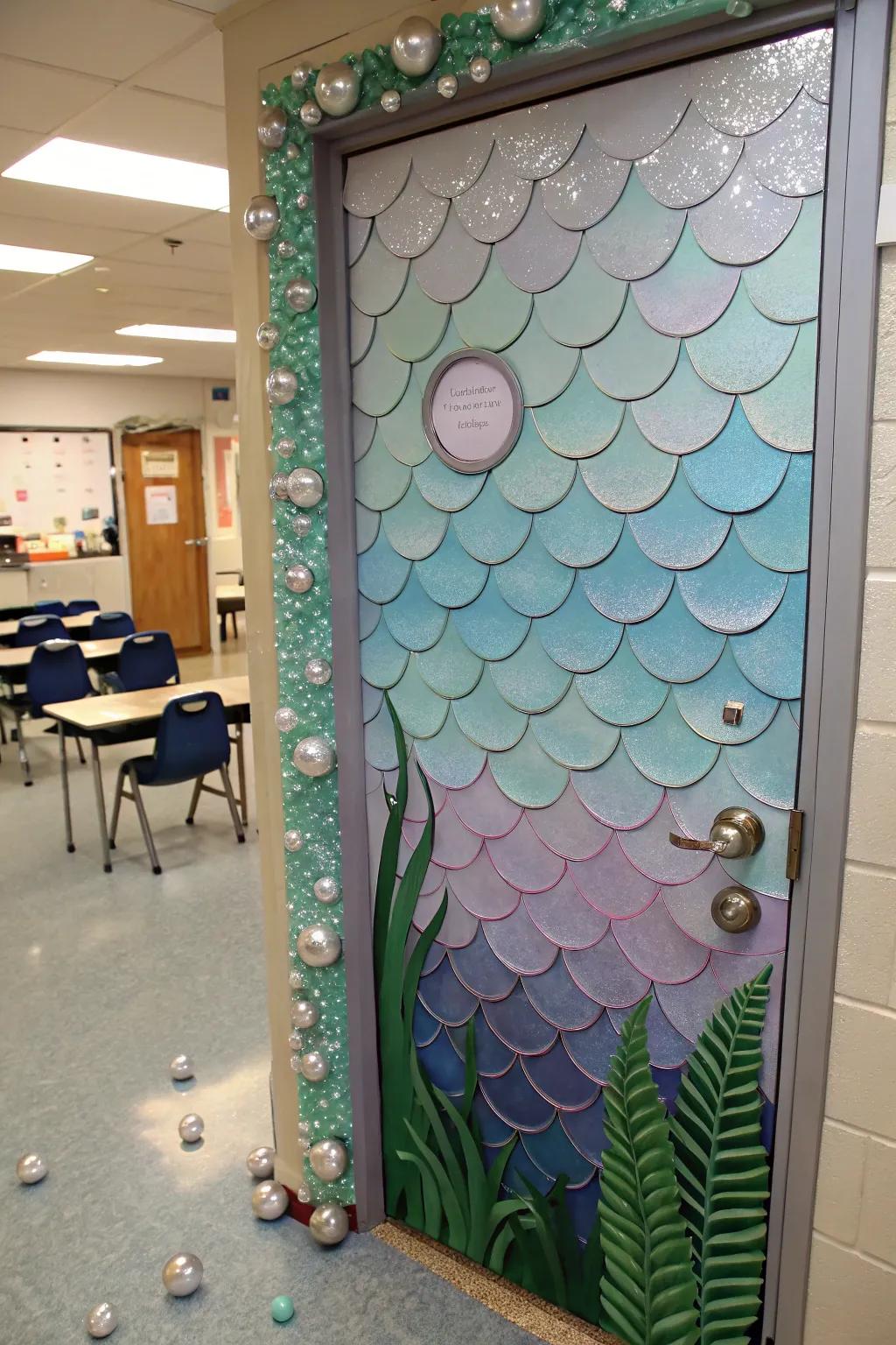 A classroom door changed into a mystical mermaid's enclave.