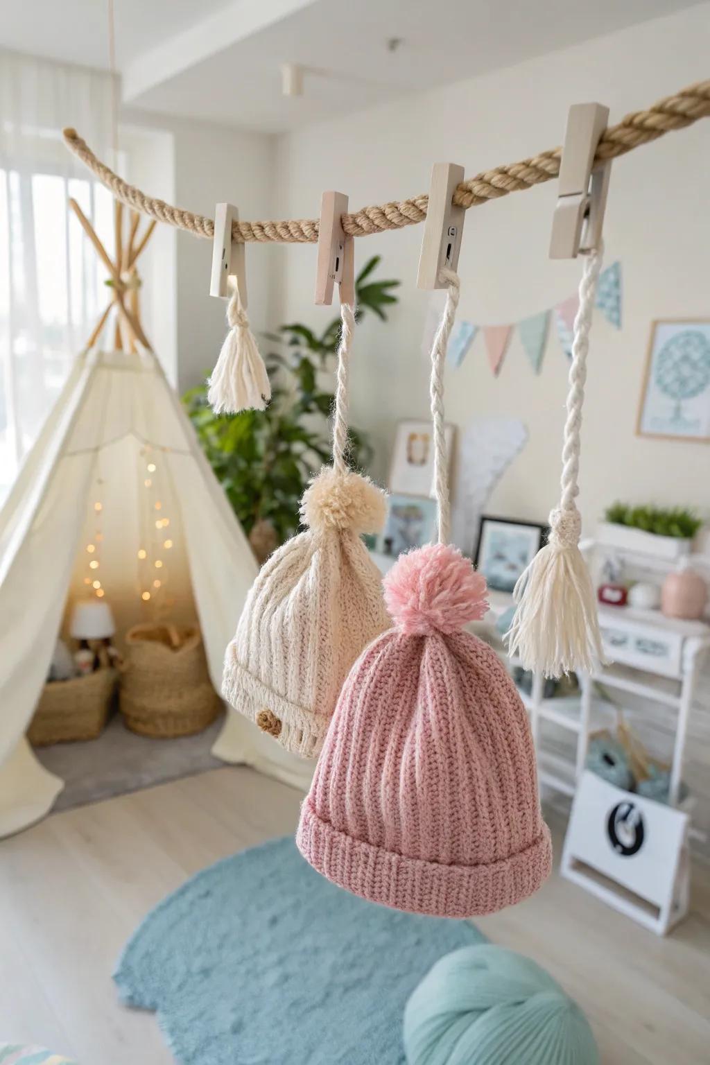 Hanging ropes create a whimsical effect, transforming your beanie display into a floating ballet of style.