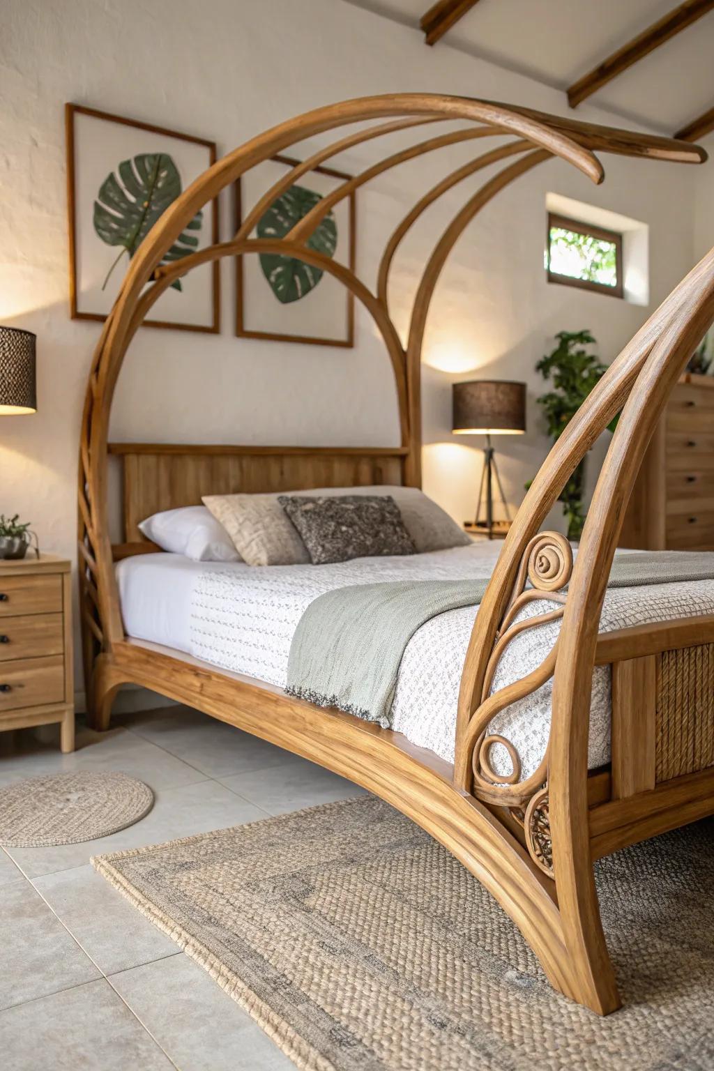 A bed frame with natural shapes brings flow and harmony.
